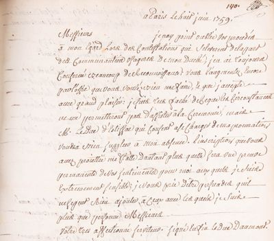  	Transcription d’une lettre envoyée le 8 juin 1759, depuis Paris, par le duc d’Aumont 