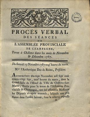 BM 2129 : Procès verbal des séances de l'assemblée provinciale de Champagne, 1787.