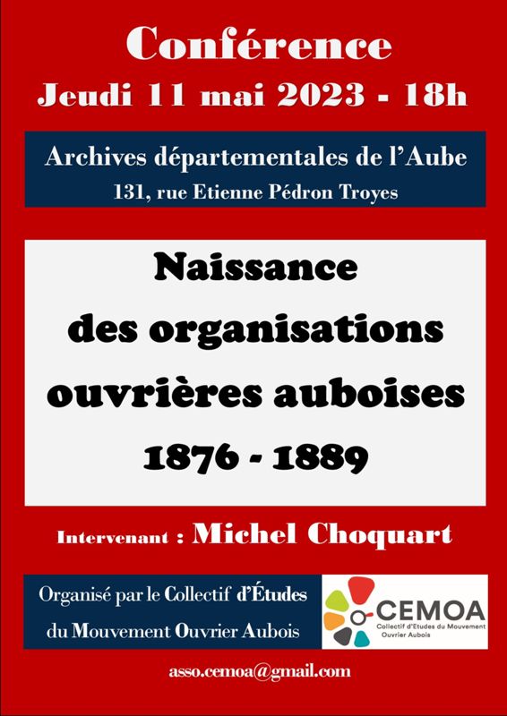 Conférence du CEMOA : Naissance des organisations ouvrières auboises (1876-1889)