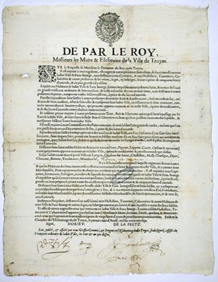 Ordonnance des échevins de la Ville de Troyes (1er août 1637)